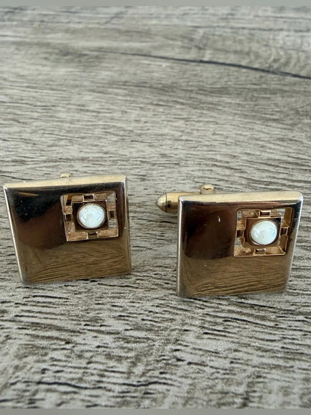 Vintage Swank Goldtone Square Faux Pearls Mother Pearl? Cufflinks Cutout Design